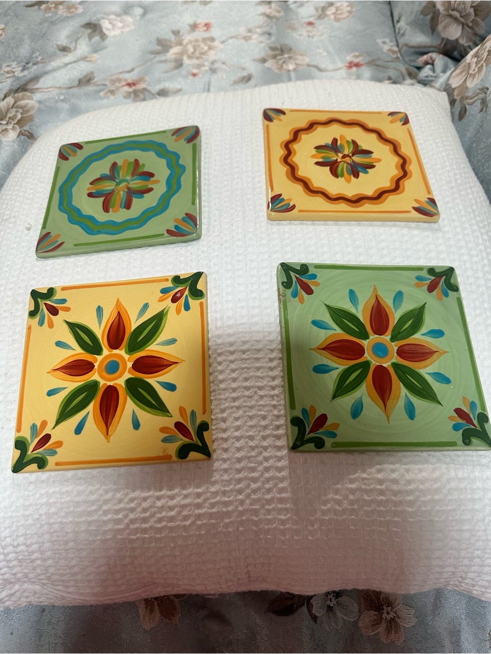 Southern Living At Home Hand-Painted Floral Tile Set - Yellow, Green, Red & Blue